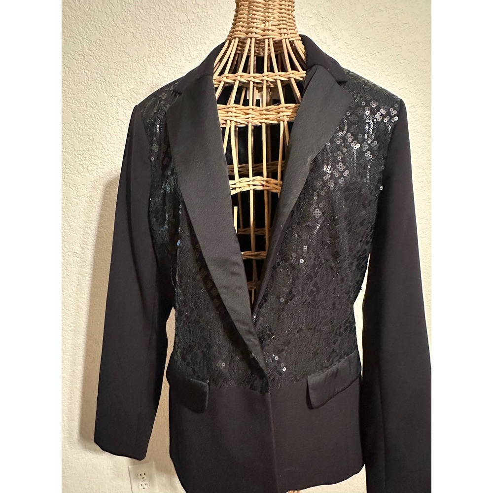 Michael Kors Womens Black Sequin Lace Tuxedo Blazer Jacket Satin Lapel Size 10